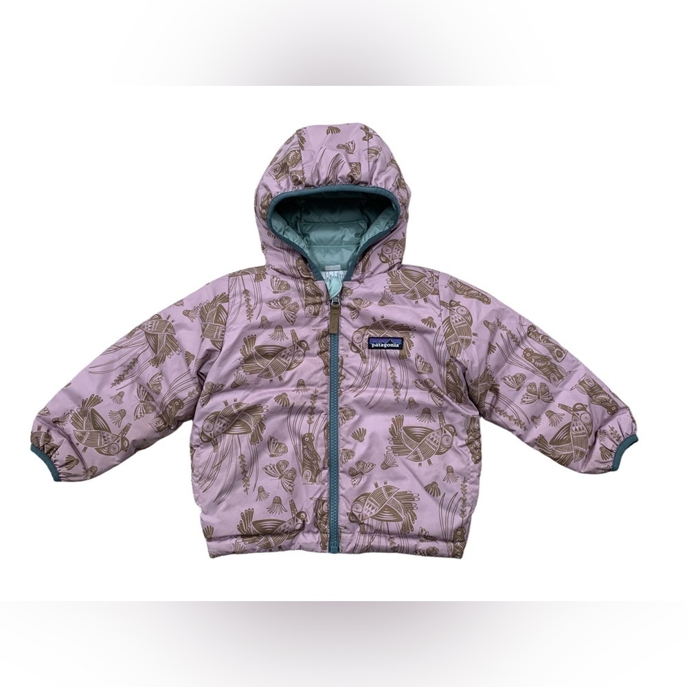 Patagonia Size 2T Reversible Down Sweater Hoodie in Teal Lavender Floral Birds